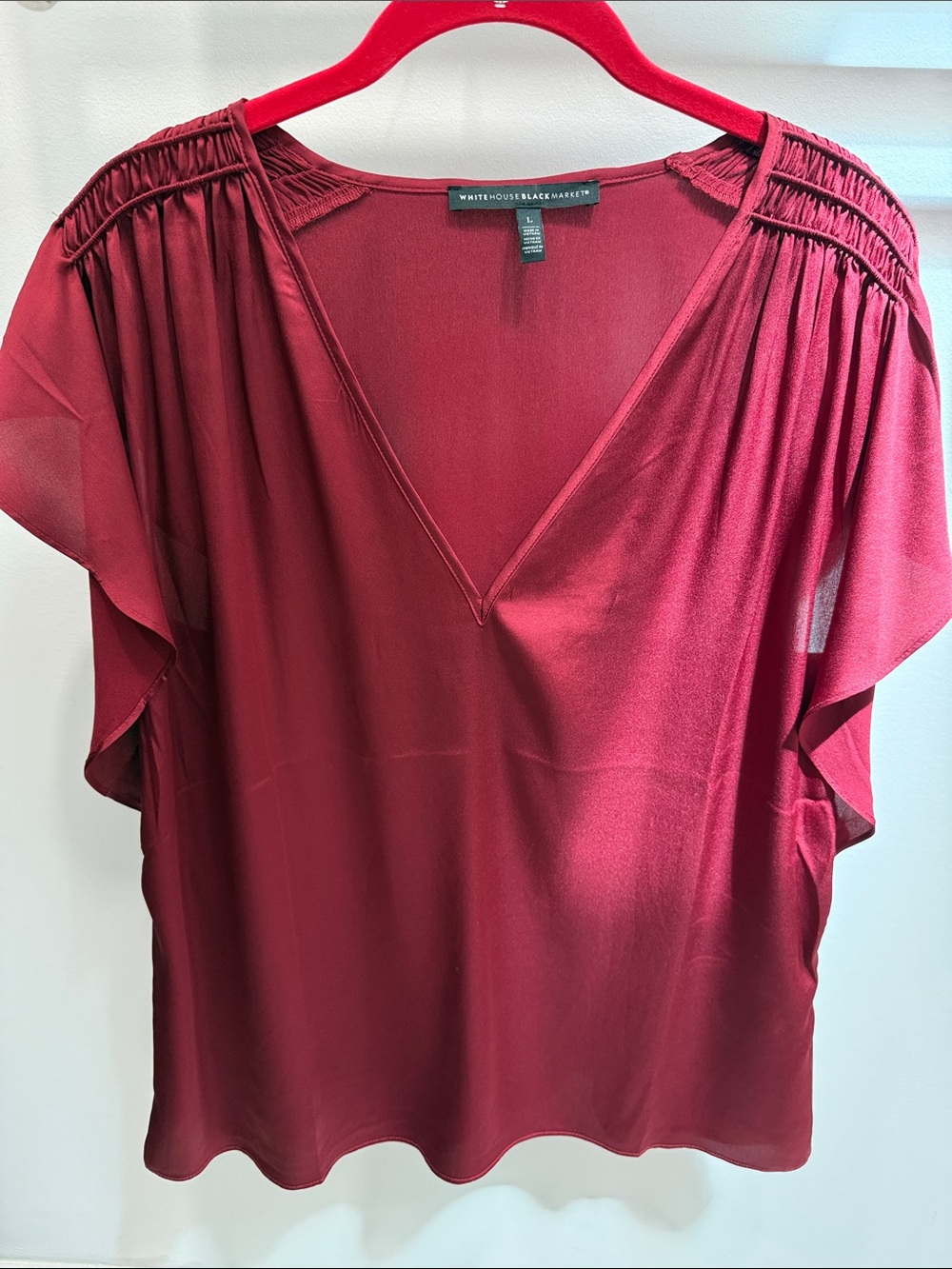 White House Black Market Women's Deep Burgundy V-Neck Flutter Sleeve Blouse